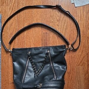 Black Leather Crossbody Bag with Studded Tassel